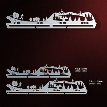 21KM 42KM 100KM 200KM Medal Hanger shown in all available sizes with dimensions