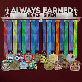 Men's Always Earned Never Given Medal Hanger holding a full row of medals on a wall