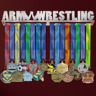 Armwrestling Medal Hanger holding a full row of medals on a wall
