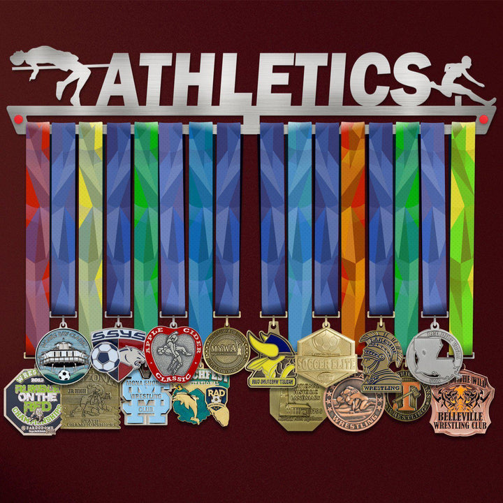 Men's Athletics Medal Hanger holding a full row of medals on a wall