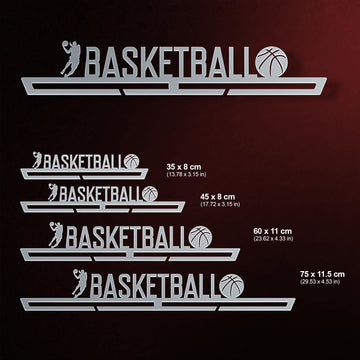Men's Basketball Medal Hanger shown in all available sizes with dimensions