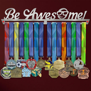Be Awesome Medal Hanger V2 holding a full row of medals on a wall