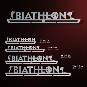 Biathlon Medal Hanger shown in all available sizes with dimensions