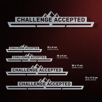 Challenge Accepted Medal Hanger V2 shown in all available sizes with dimensions
