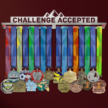 Challenge Accepted Medal Hanger V2 holding a full row of medals on a wall