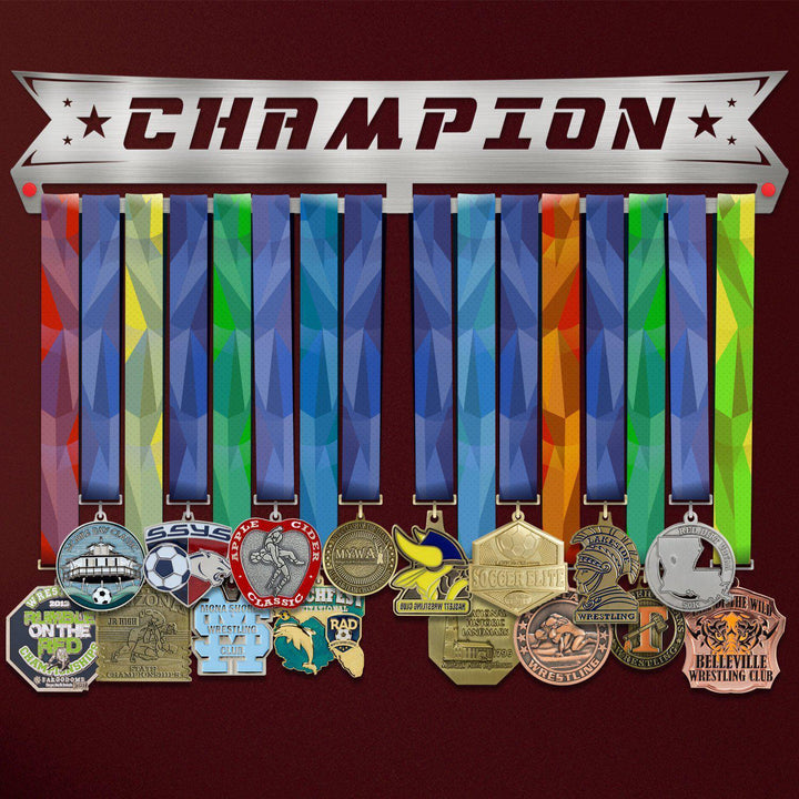 Champion Medal Hanger V2 holding a full row of medals on a wall