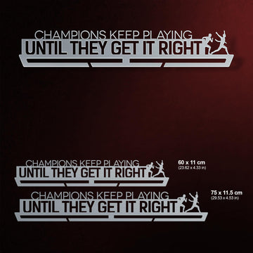 Champions Keep Playing Medal Hanger shown in all available sizes with dimensions