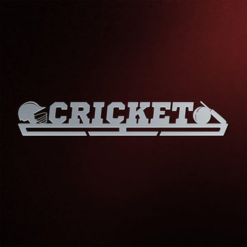 Cricket Medal Hanger in laser-cut steel on a dark background
