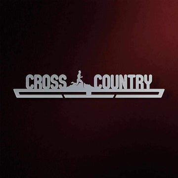 Cross Country Medal Hanger in laser-cut steel on a dark background
