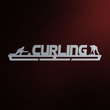 Curling Medal Hanger V2 in laser-cut steel on a dark background