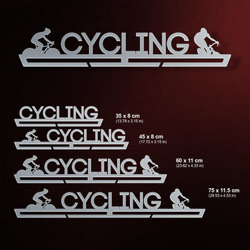Cycling Medal Hanger shown in all available sizes with dimensions