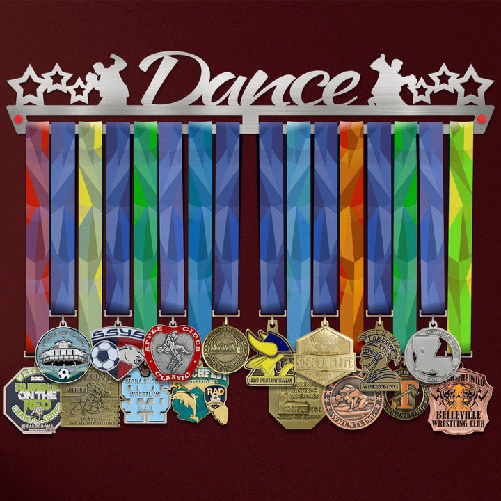 Dance Medal Hanger holding a full row of medals on a wall