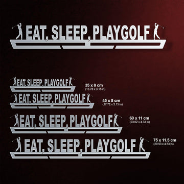 Eat Sleep Play Golf Medal Hanger shown in all available sizes with dimensions