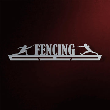 Fencing Medal Hanger in laser-cut steel on a dark background