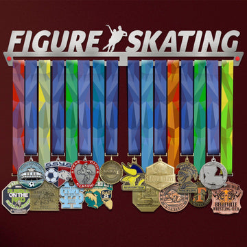 Figure Skating Medal Hanger holding a full row of medals on a wall