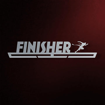 Finisher Medal Hanger V2 in laser-cut steel on a dark background