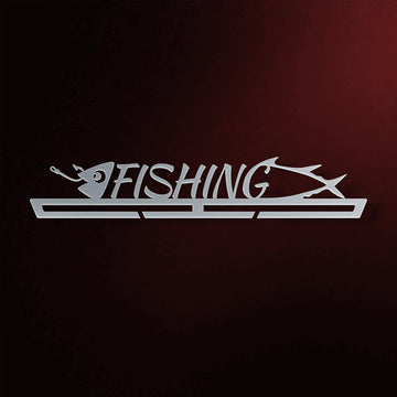 Fishing Medal Hanger in laser-cut steel on a dark background
