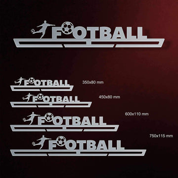 Football Medal Hanger shown in all available sizes with dimensions