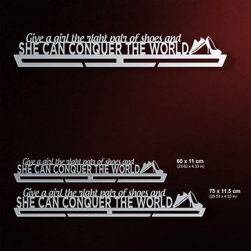 Give A Girl The Right Shoes Medal Hanger shown in all available sizes with dimensions