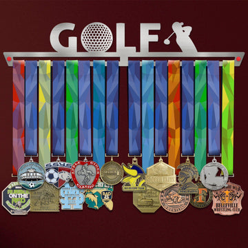 Golf Medal Hanger holding a full row of medals on a wall