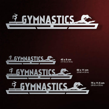 Women's Gymnastics Medal Hanger V2 shown in all available sizes with dimensions