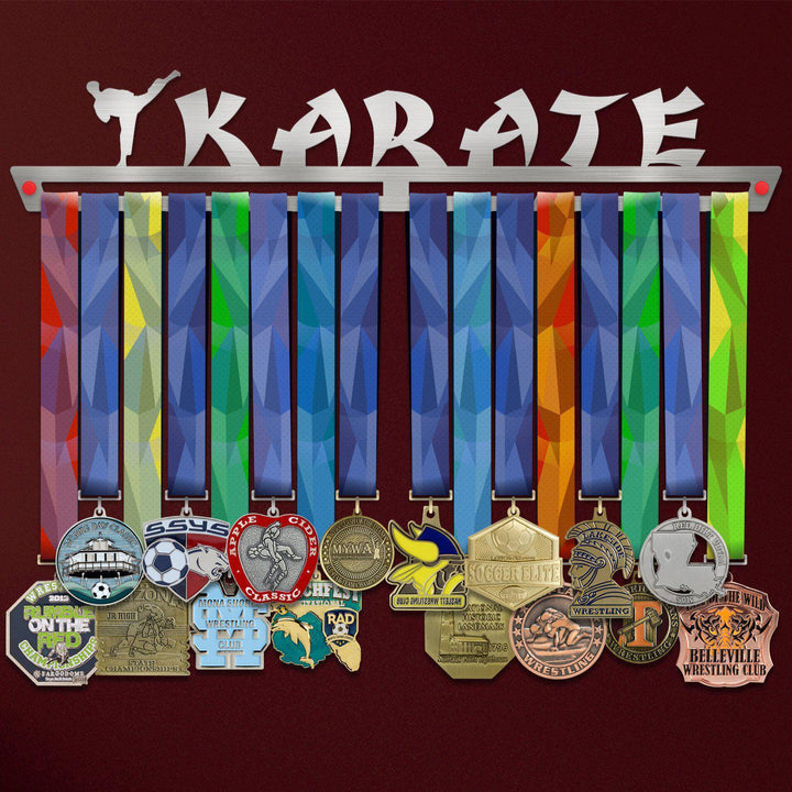 Karate Medal Hanger holding a full row of medals on a wall