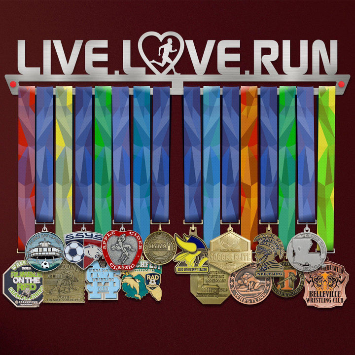 Men's Live Love Run Medal Hanger holding a full row of medals on a wall