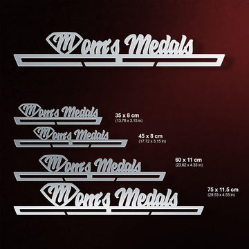 Mom's Medals Medal Hanger shown in all available sizes with dimensions