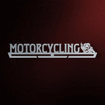 Motorcycling Medal Hanger in laser-cut steel on a dark background
