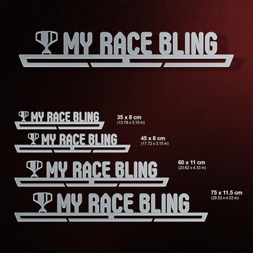 My Race Bling Medal Hanger shown in all available sizes with dimensions