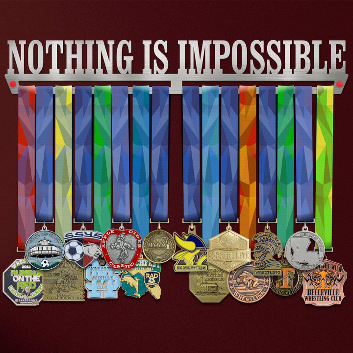 Nothing Is Impossible Medal Hanger holding a full row of medals on a wall