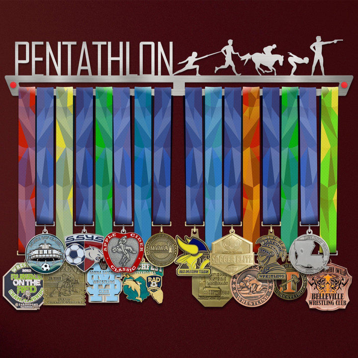 Pentathlon Medal Hanger holding a full row of medals on a wall