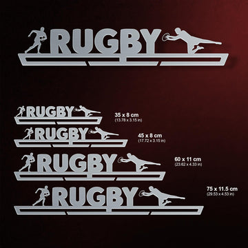 Rugby Medal Hanger shown in all available sizes with dimensions