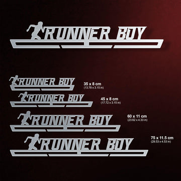Runner Boy Medal Hanger shown in all available sizes with dimensions
