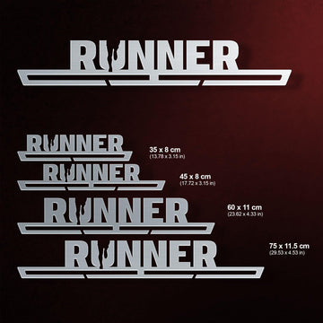 Running Medal Hanger shown in all available sizes with dimensions