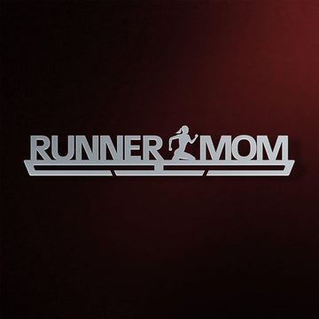 Runner Mom Medal Hanger V2 in laser-cut steel on a dark background