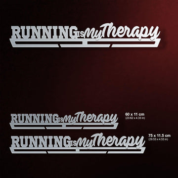 Running Is My Therapy Medal Hanger shown in all available sizes with dimensions