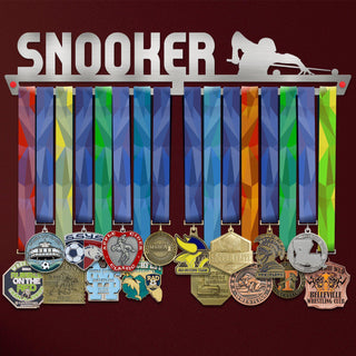 Snooker Medal Hanger holding a full row of medals on a wall