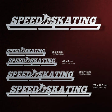 Speed Skating Medal Hanger shown in all available sizes with dimensions