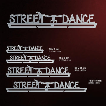 Street Dance Medal Hanger shown in all available sizes with dimensions