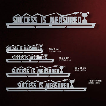 Success Is Measured Medal Hanger shown in all available sizes with dimensions