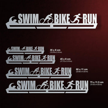 Swim Bike Run Medal Hanger shown in all available sizes with dimensions