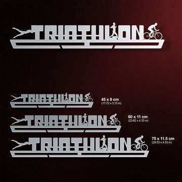 Triathlon Medal Hanger shown in all available sizes with dimensions