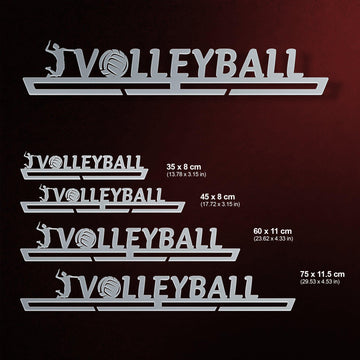 Men's Volleyball Medal Hanger shown in all available sizes with dimensions