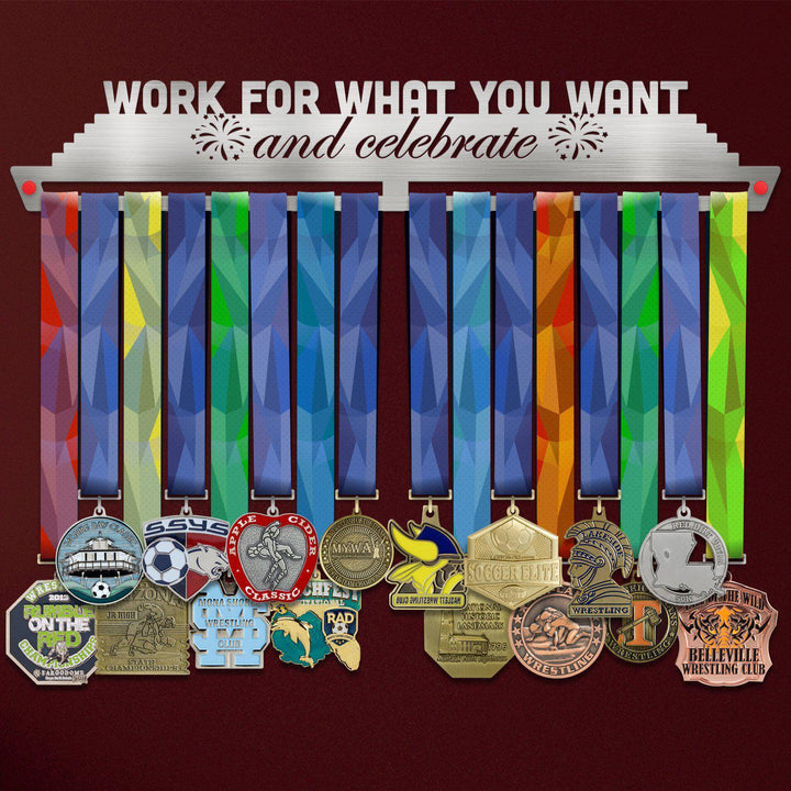 Work For What You Want Medal Hanger holding a full row of medals on a wall